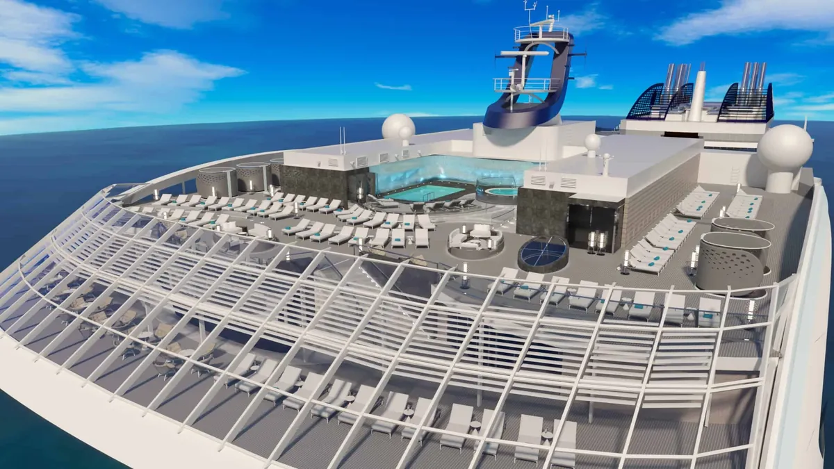 Vue d'artiste du pont réservé au MSC Yacht Club avec piscine et transats