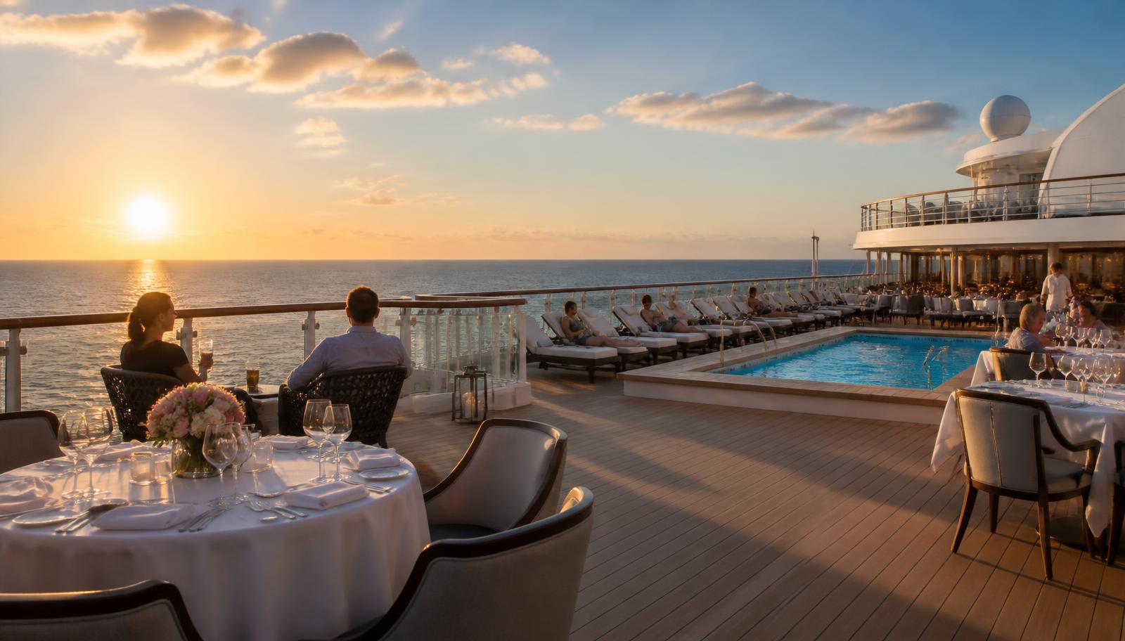 Pont supérieur d'un navire au coucher du soleil avec restaurant et piscine
