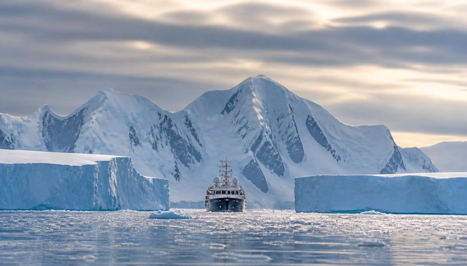 Navire d'expédition naviguant parmi des icebergs en Antarctique