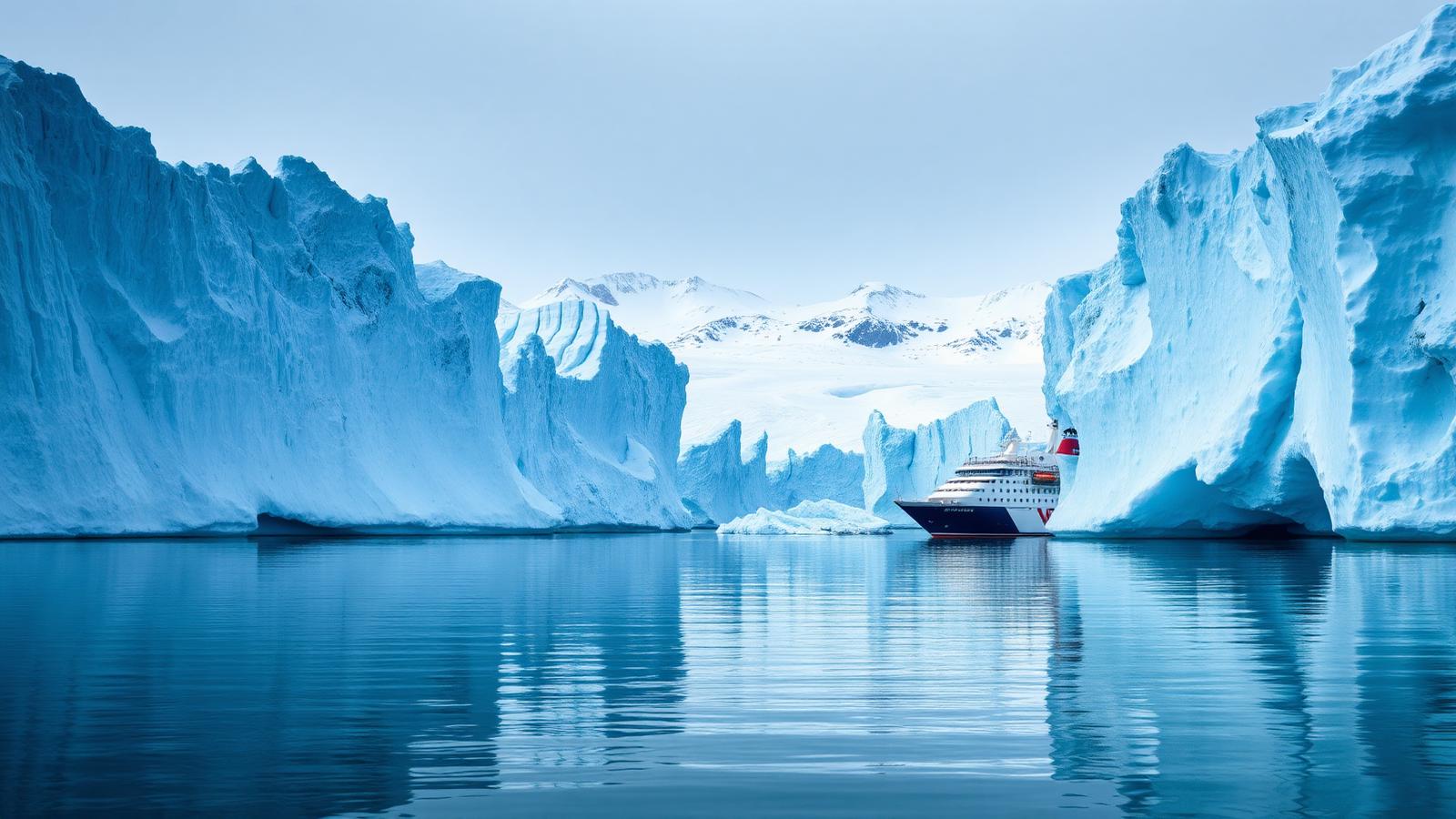 Navire d'expédition naviguant parmi des icebergs en Antarctique