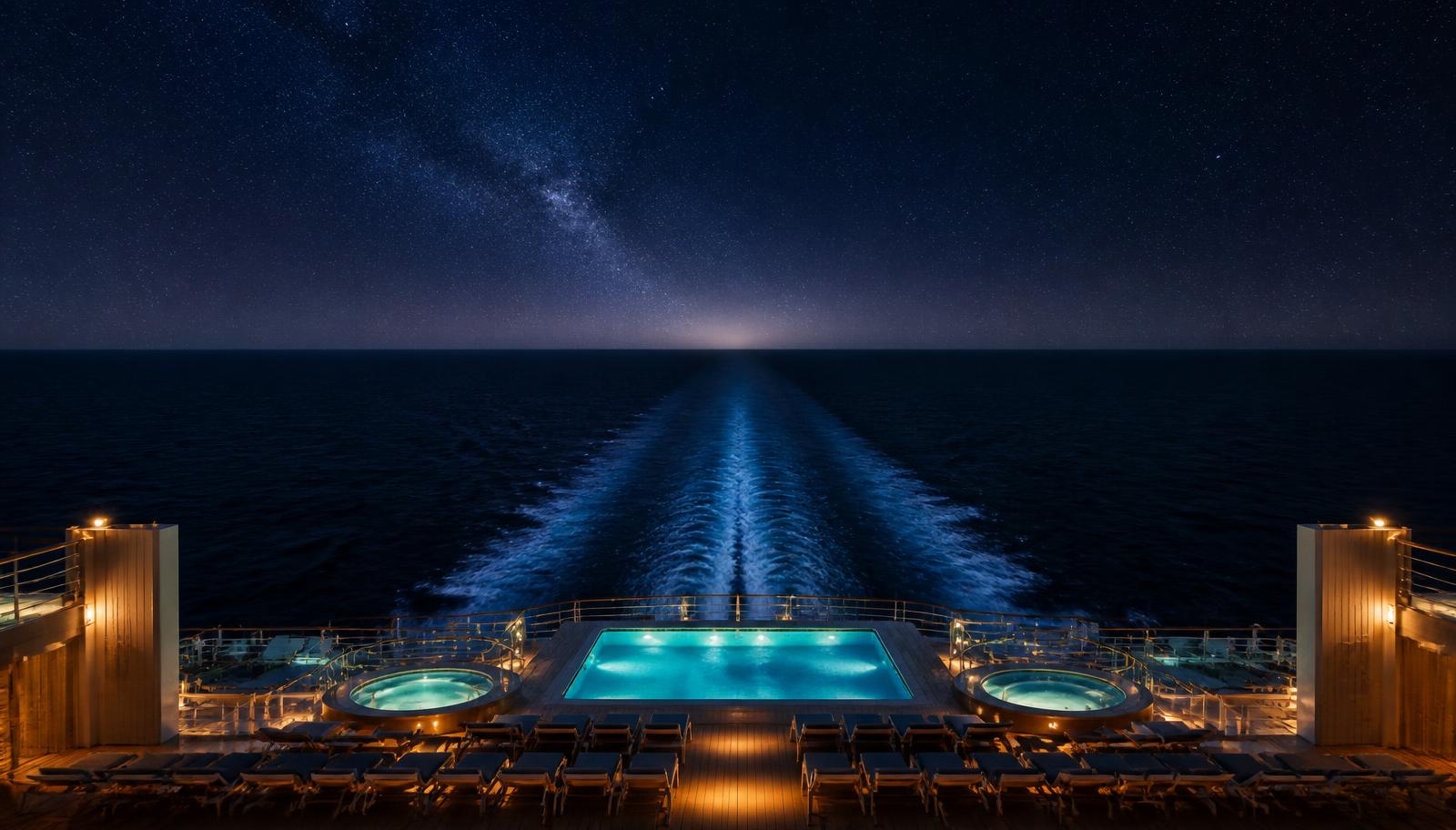 Pont piscine d'un navire de croisière illuminé la nuit, sillage en pleine mer sous un ciel étoilé