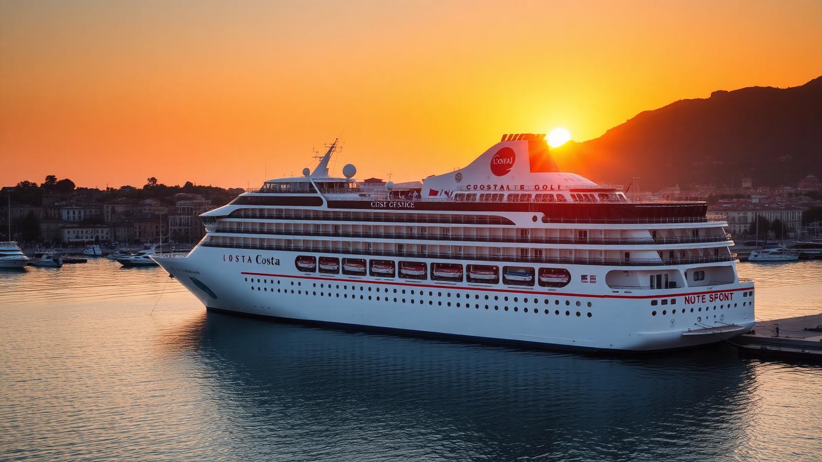 Navire Costa amarré dans un port italien au coucher du soleil