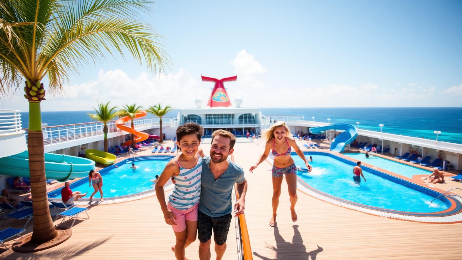 Famille sur le pont piscine d'un navire de croisière avec toboggans