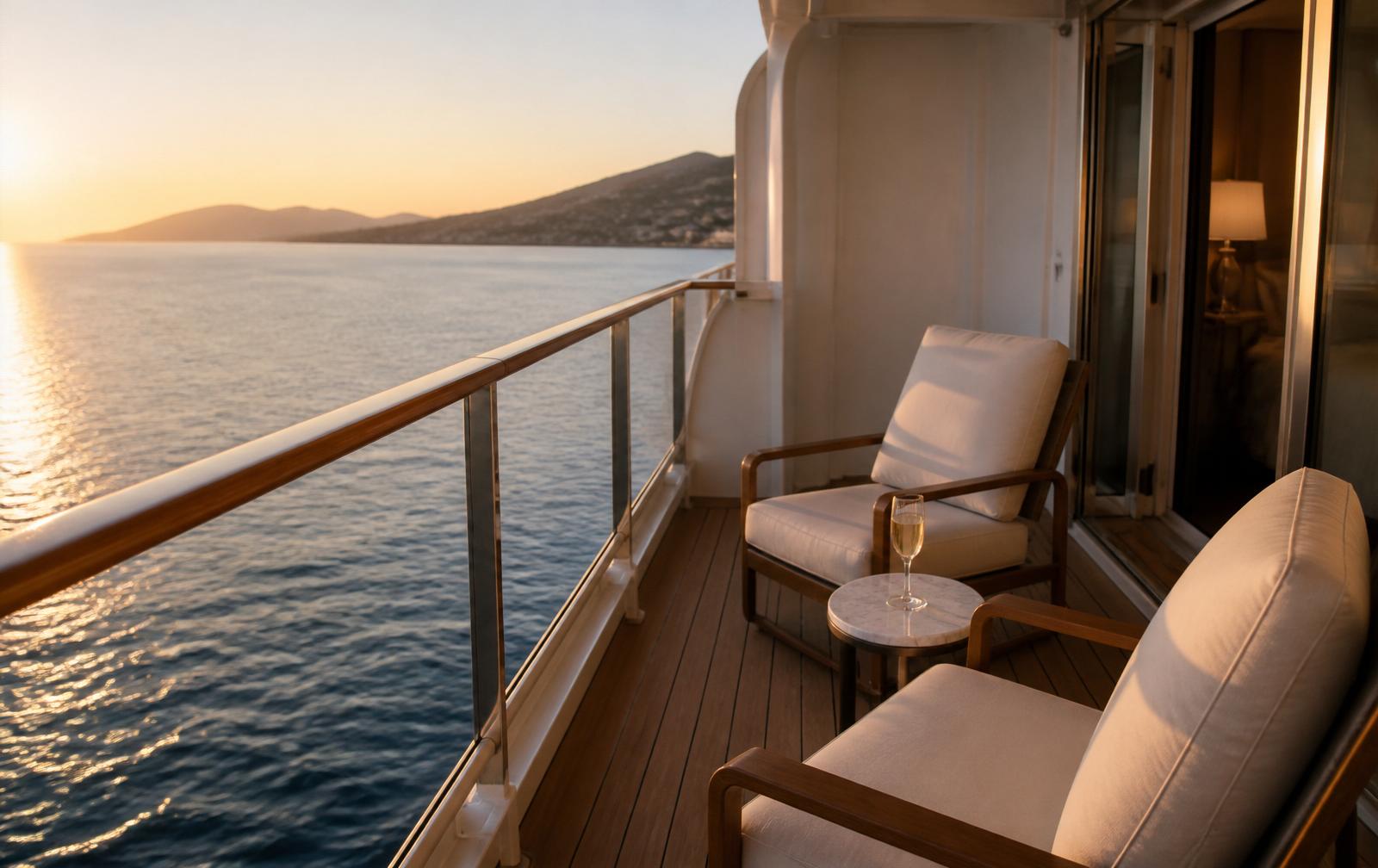 Suite de luxe avec balcon privé sur un bateau de croisière au coucher du soleil