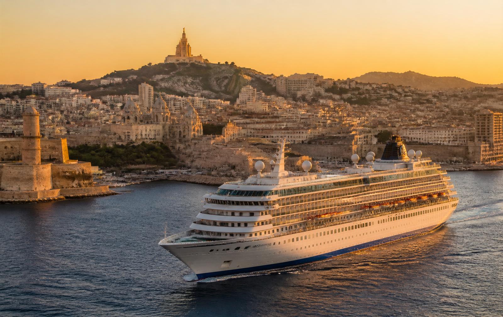 Navire de croisière quittant le port de Marseille au coucher du soleil, Notre-Dame de la Garde en arrière-plan