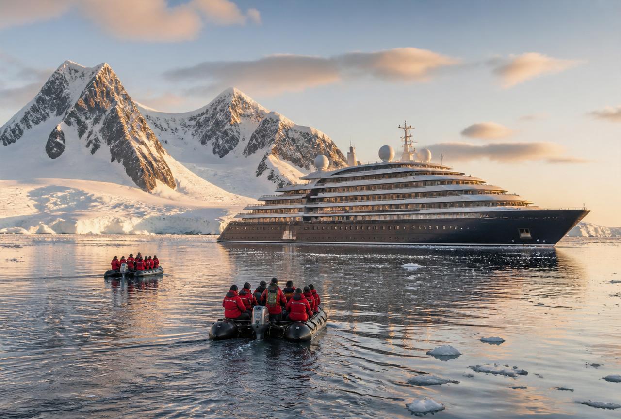 Navire d'expédition de luxe en eaux polaires avec zodiacs et montagnes enneigées au coucher du soleil