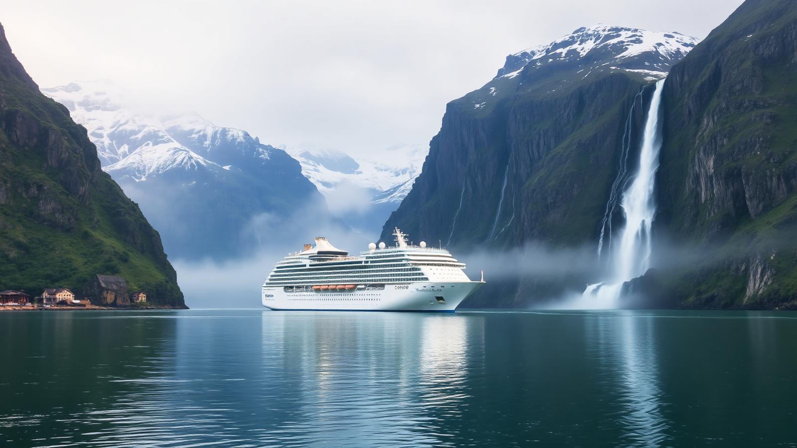Navire de croisière dans un fjord norvégien avec cascades et falaises