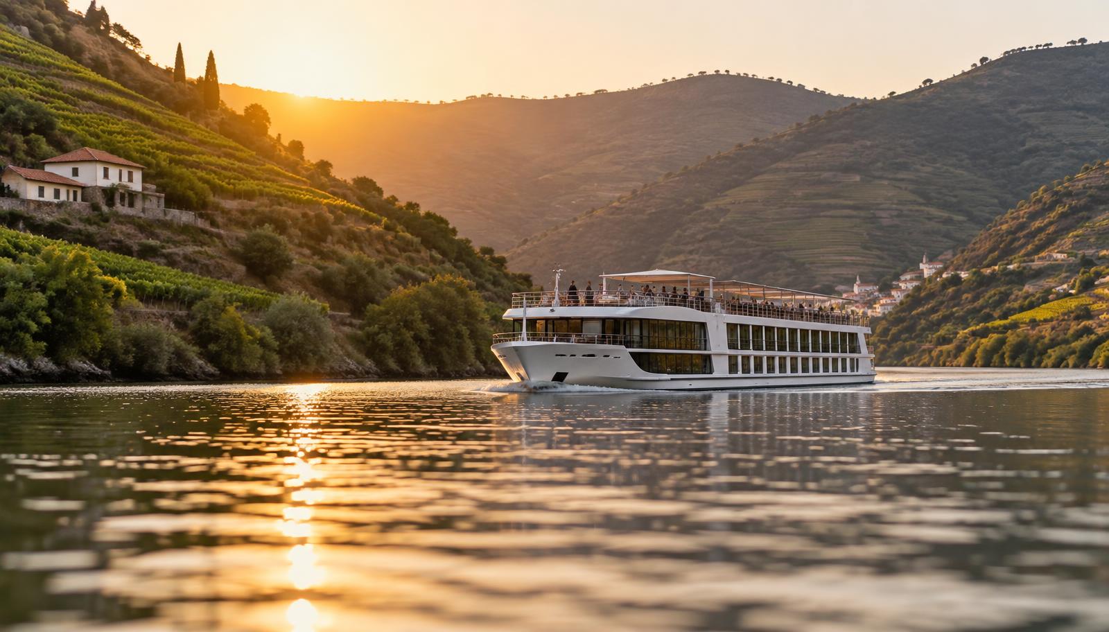 Petit navire de croisière fluviale naviguant au coucher du soleil entre des coteaux de vignes en terrasses