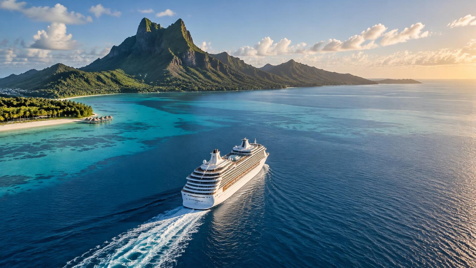 Paquebot naviguant dans une mer turquoise au large d'une île tropicale